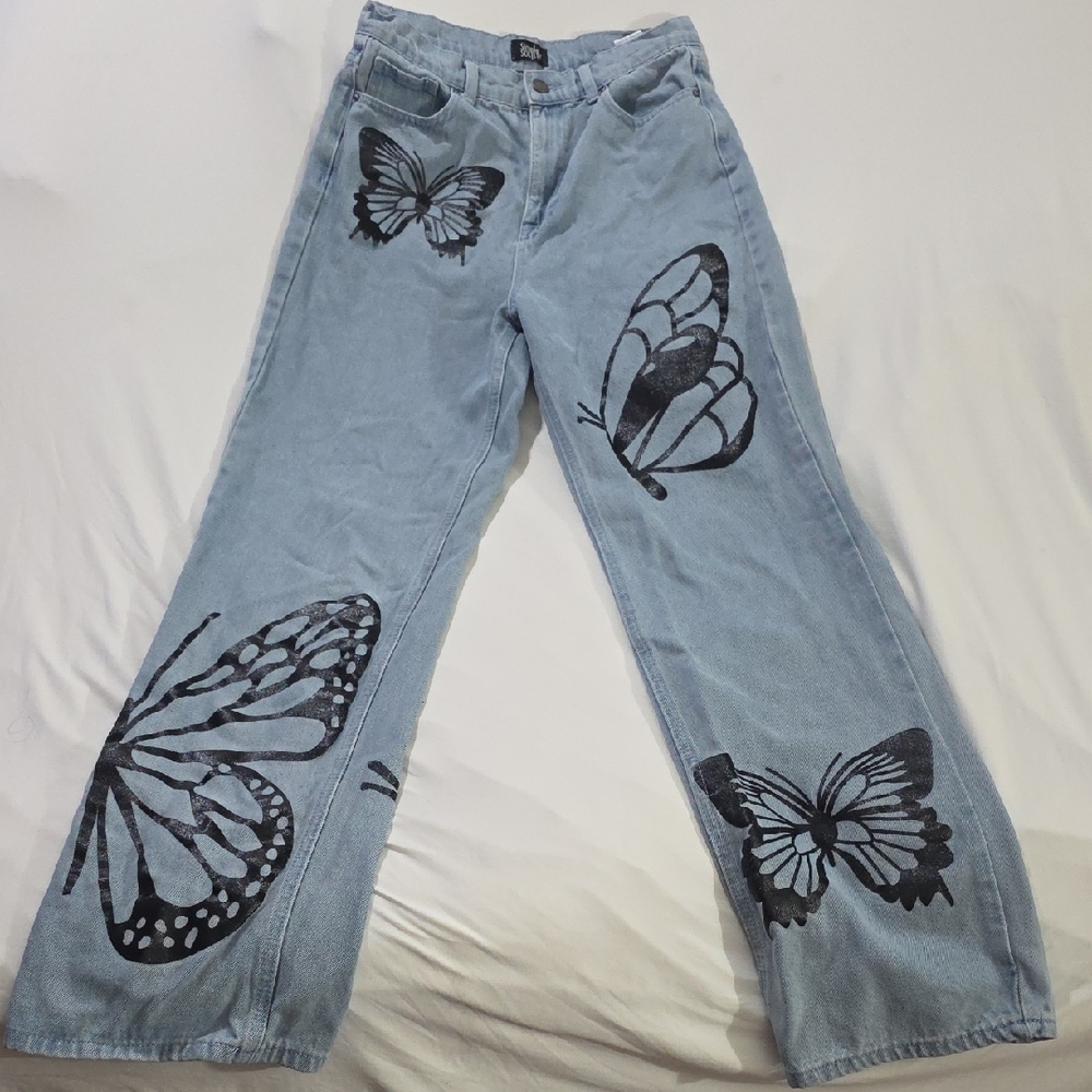 Butterfly Design Wide Leg Jeans in Light Blue